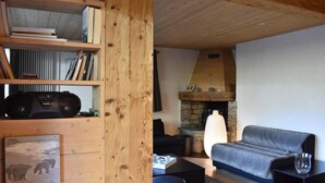 Un salon chaleureux avec une cheminée en pierre, une bibliothèque remplie de livres et une radio, un canapé gris et une table basse.
