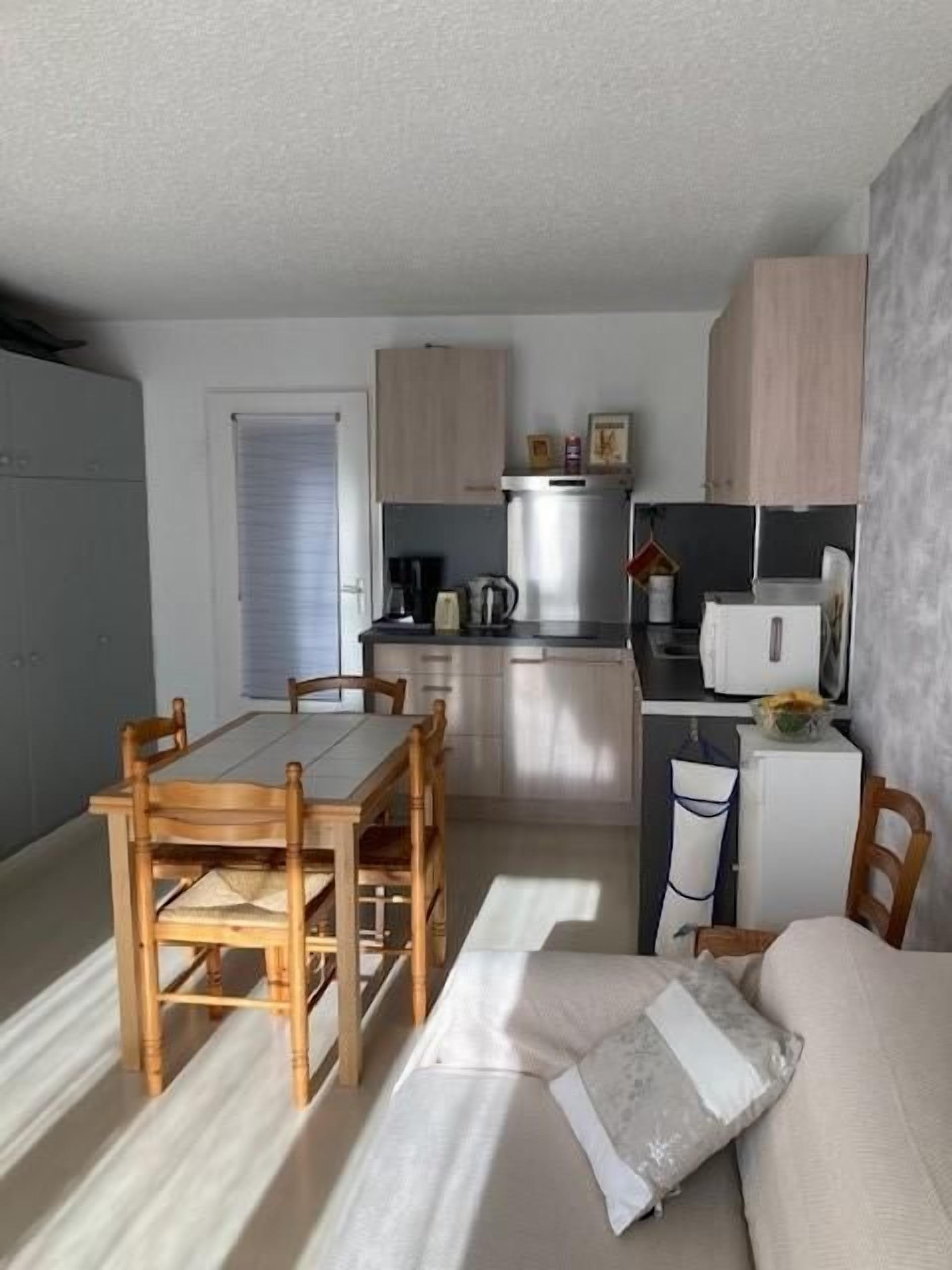A compact living space with a dining area, kitchenette, and a sofa with a pillow.