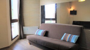 A brown sofa with striped cushions in a room with wooden flooring, large windows, and a wall-mounted TV. - 100m from ski slopes, 3rd floor, tv, ski locker, 18m², Vars (Vars)