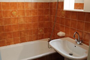 Bathroom features a bathtub, sink, and handheld showerhead, set against a backdrop of decorative tile.