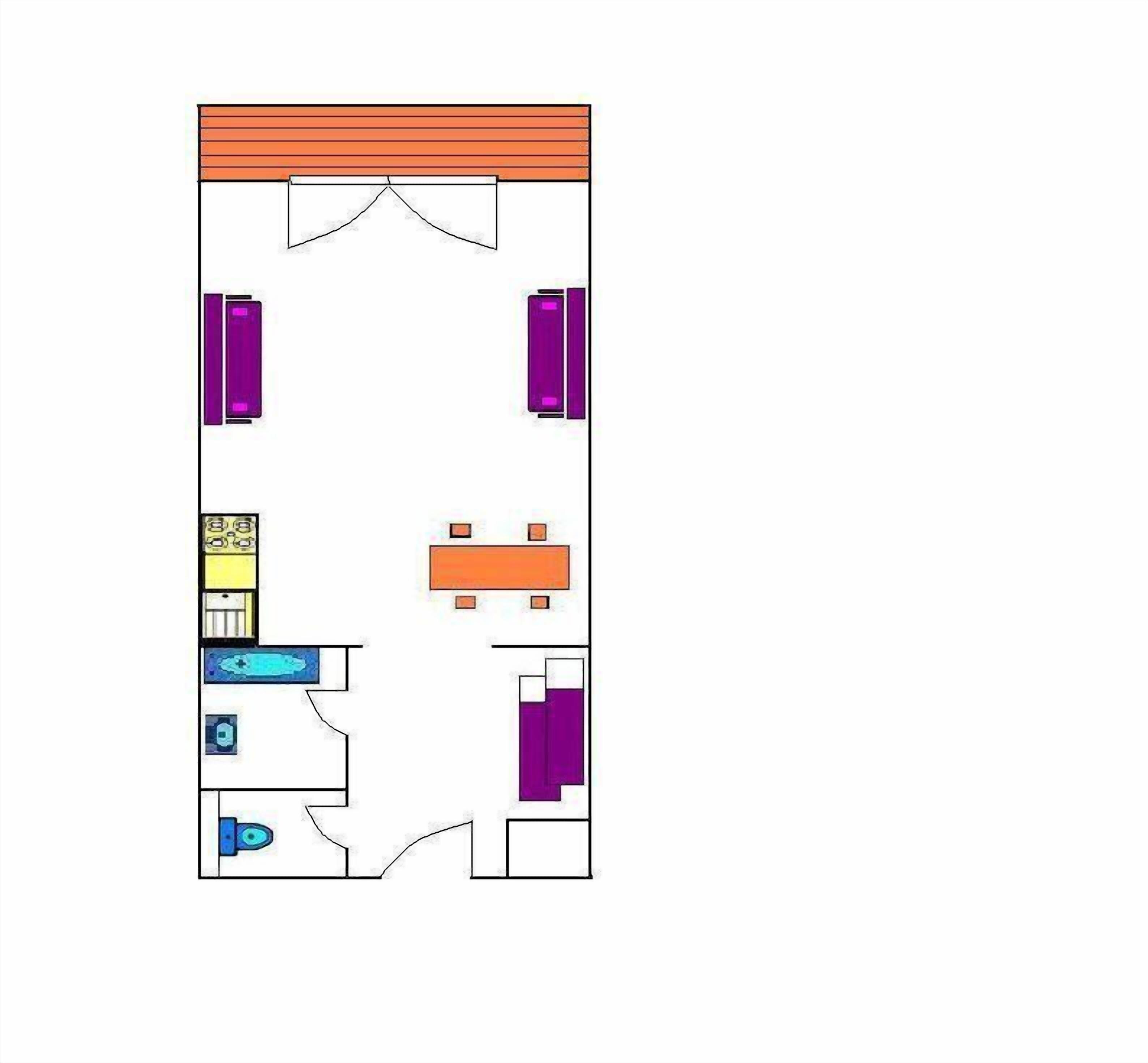 A floor plan of a hotel room with a bed, a bathroom, a small kitchen area, and a seating area.