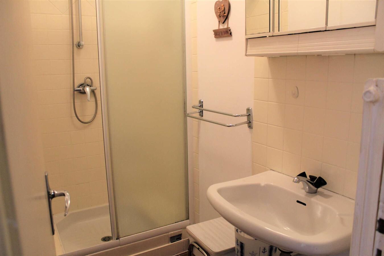 Une salle de bain avec une douche à parois de verre, un lavabo blanc et un porte-serviettes.