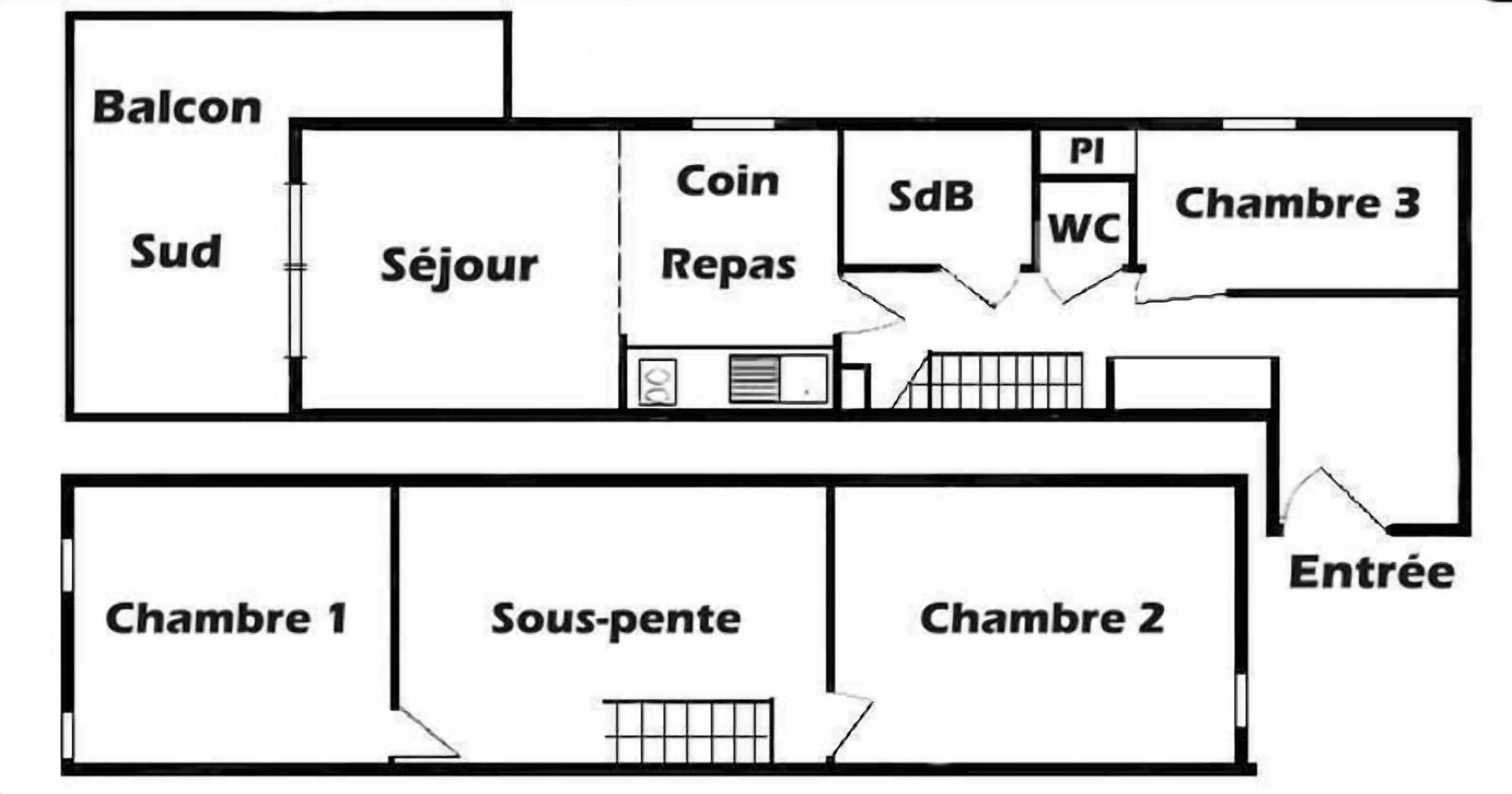 Planta baixa de um hotel com varanda, área de estar, sala de moedas, despensa, casa de banho e três quartos.