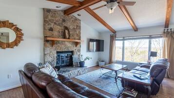 TV connectée, cheminée, table de tennis de table, livres