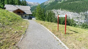 A mountain lodge with a gravel path leading to a wooden building.