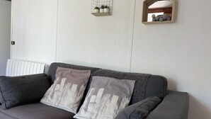 Um sofá cinzento com duas almofadas decorativas, um radiador branco e duas prateleiras fixadas na parede com plantas e objetos decorativos.