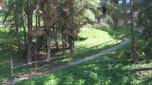A forested area with a wooden cabin and a paved path. - 50m from resort center, 2nd floor, balcony, tv, ski locker, 26m², Montchavin La Plagne (Bellentre)