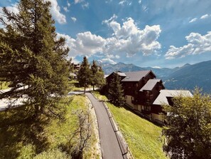 A mountain lodge with a paved path leading to the entrance, surrounded by trees and a clear sky.