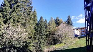 A building with a modern architectural design, surrounded by dense evergreen trees and a clear blue sky. - 150m from resort center, 3rd floor, tv, 33m², Les Arcs (Les Arcs)