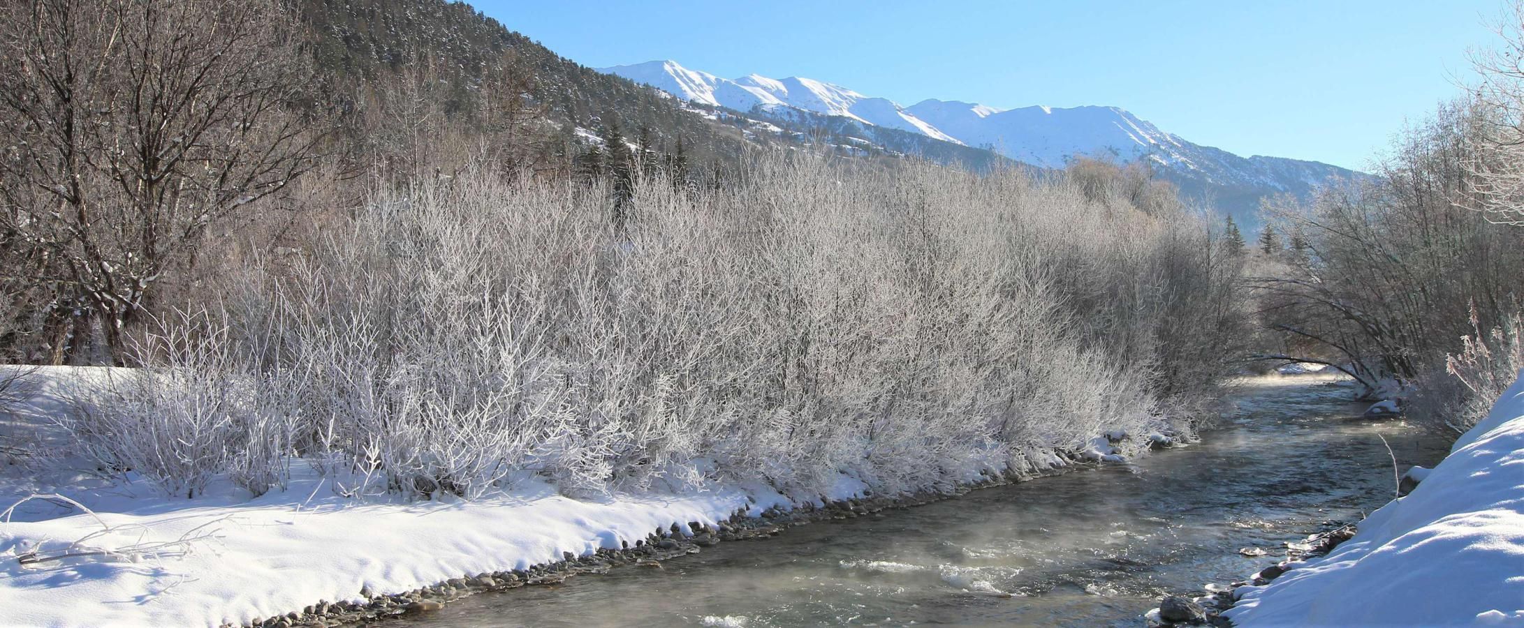 A snow-covered river with trees on either side and mountains in the background.