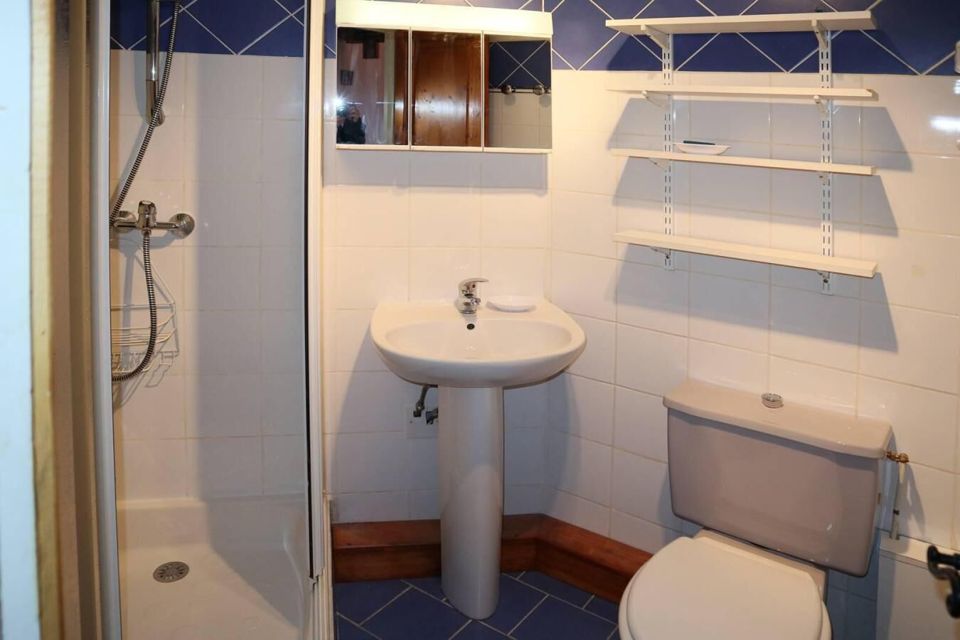 Une salle de bain avec une douche, un lavabo et des toilettes.