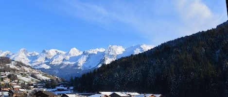 A snow-covered village with traditional wooden houses, a mountain backdrop, and a clear blue sky.