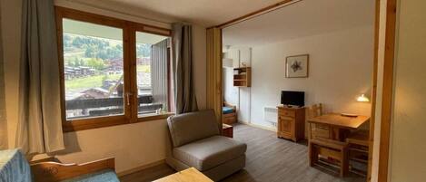 A room with a sofa, a wooden table, a TV, and a dining area with chairs.