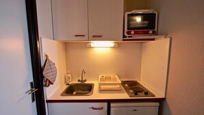 Una kitchenette compacta con un lavamanos, una pequeña hornilla y un microondas encima.
