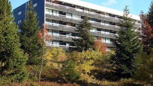 Un immeuble à plusieurs étages doté de balcons, entouré d’arbres.
