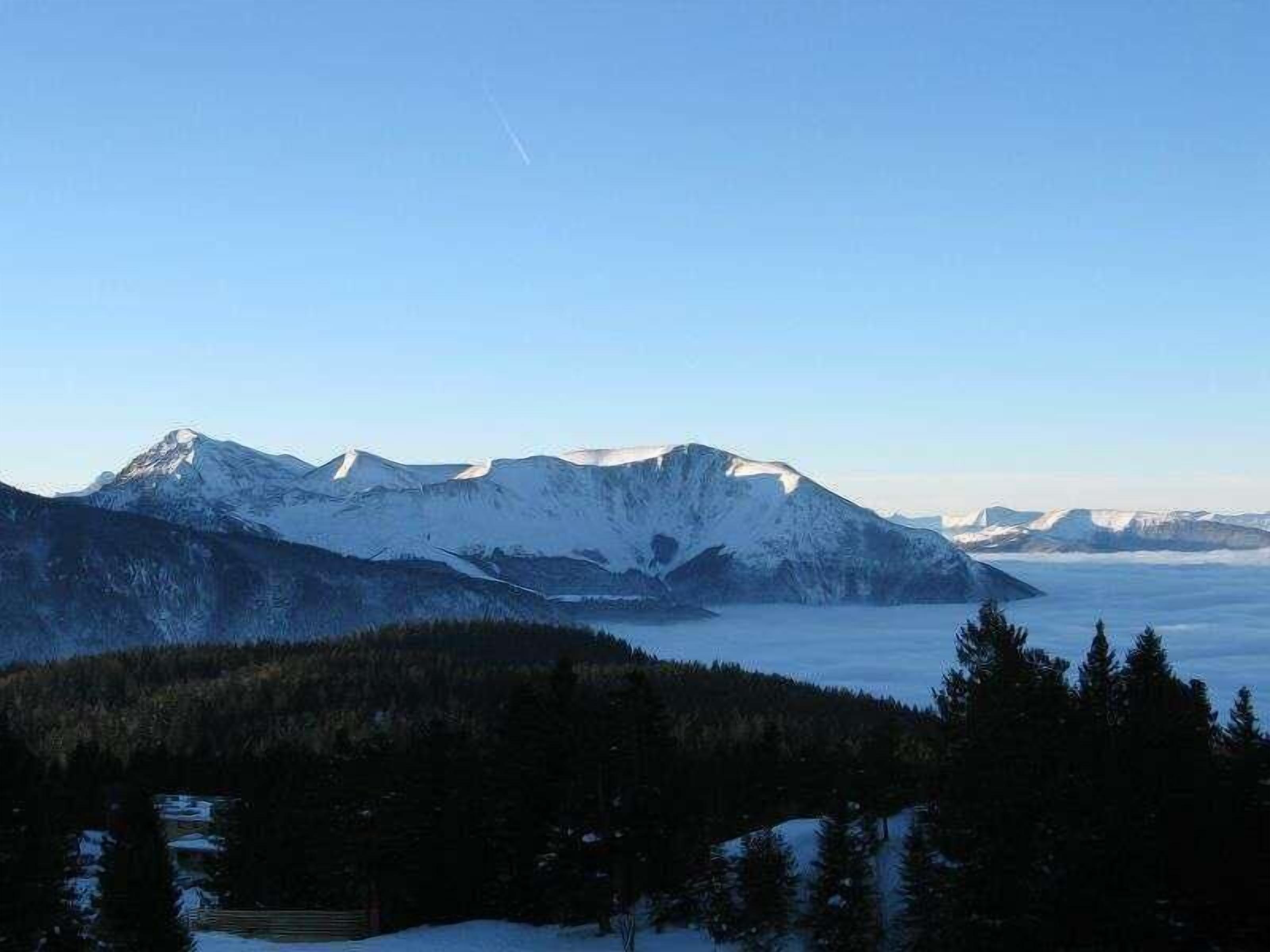 A mountainous landscape with snow-covered peaks and a forested valley.