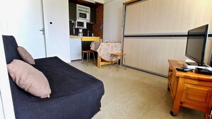 Une pièce de taille modeste comprenant un lit, un petit bureau avec un téléviseur, une kitchenette et un placard avec une porte coulissante.