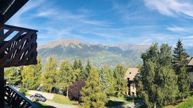 A mountain view from a wooden balcony with a clear sky. - 100m from ski slopes, 1st floor, view mountain, balcony, tv, ski locker, 20m², Montalbert (Aime)
