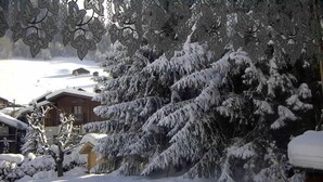 Eine verschneite Landschaft mit einer Holzhütte und schneebedeckten Bäumen.