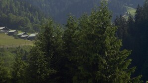 Eine gebirgige Landschaft mit einem Tal und einigen Gebäuden im Vordergrund.