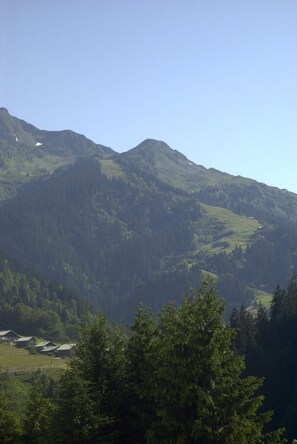 Eine gebirgige Landschaft mit einem Tal und einigen Gebäuden im Vordergrund.