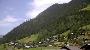 Ein Bergdorf mit traditionellen Holzhäusern, blauem Himmel und einem bewaldeten Hang.