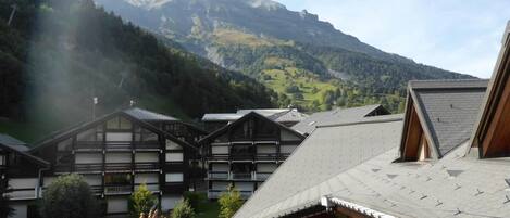 A traditional chalet-style building with a sloped roof, surrounded by lush greenery and mountains in the background.