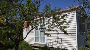 Una casa pequeña de un piso con techo rojo, revestimiento blanco y puerta principal con paneles de vidrio.