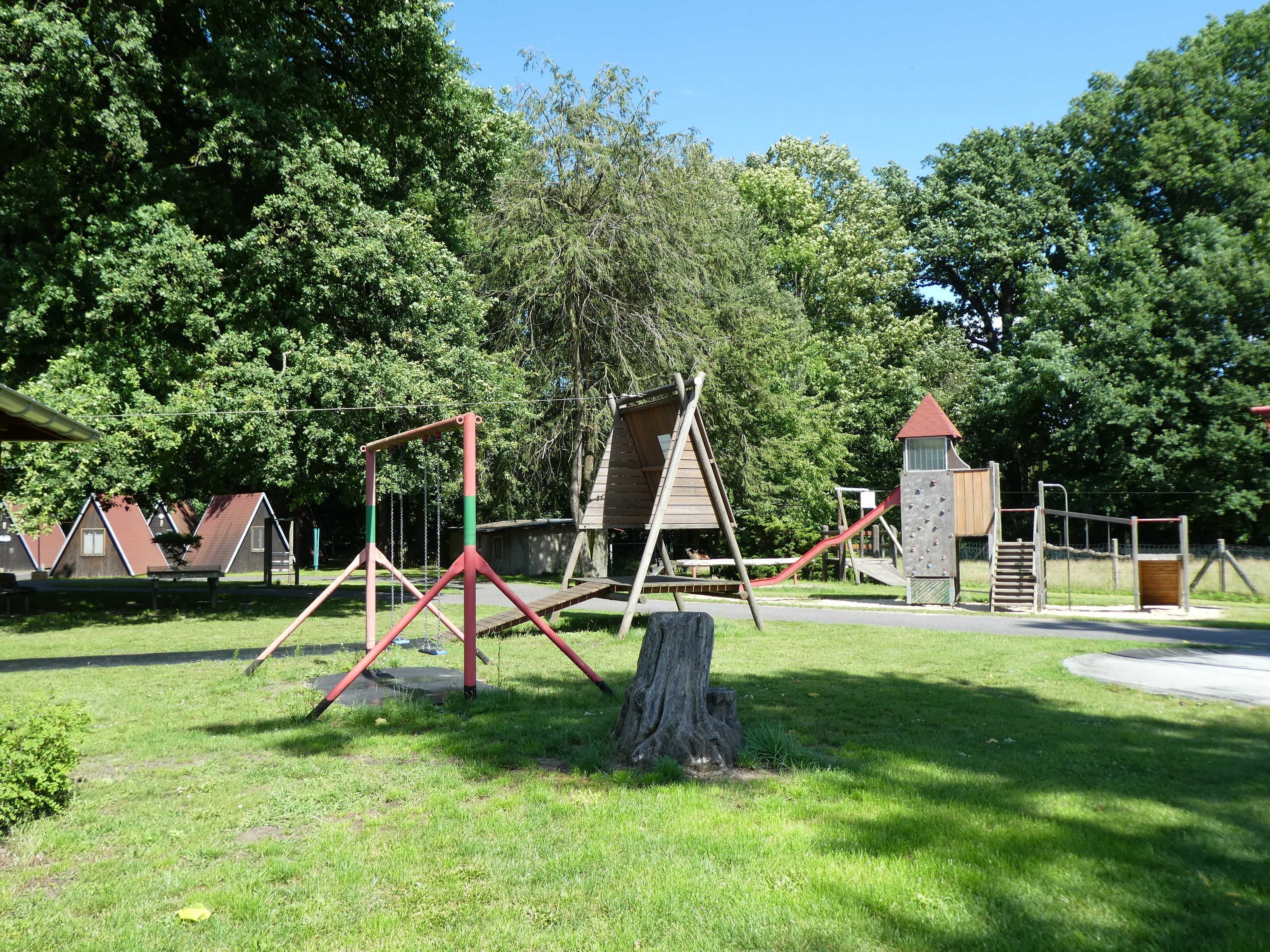 Een speeltuin met schommels, een klimrek en een glijbaan.