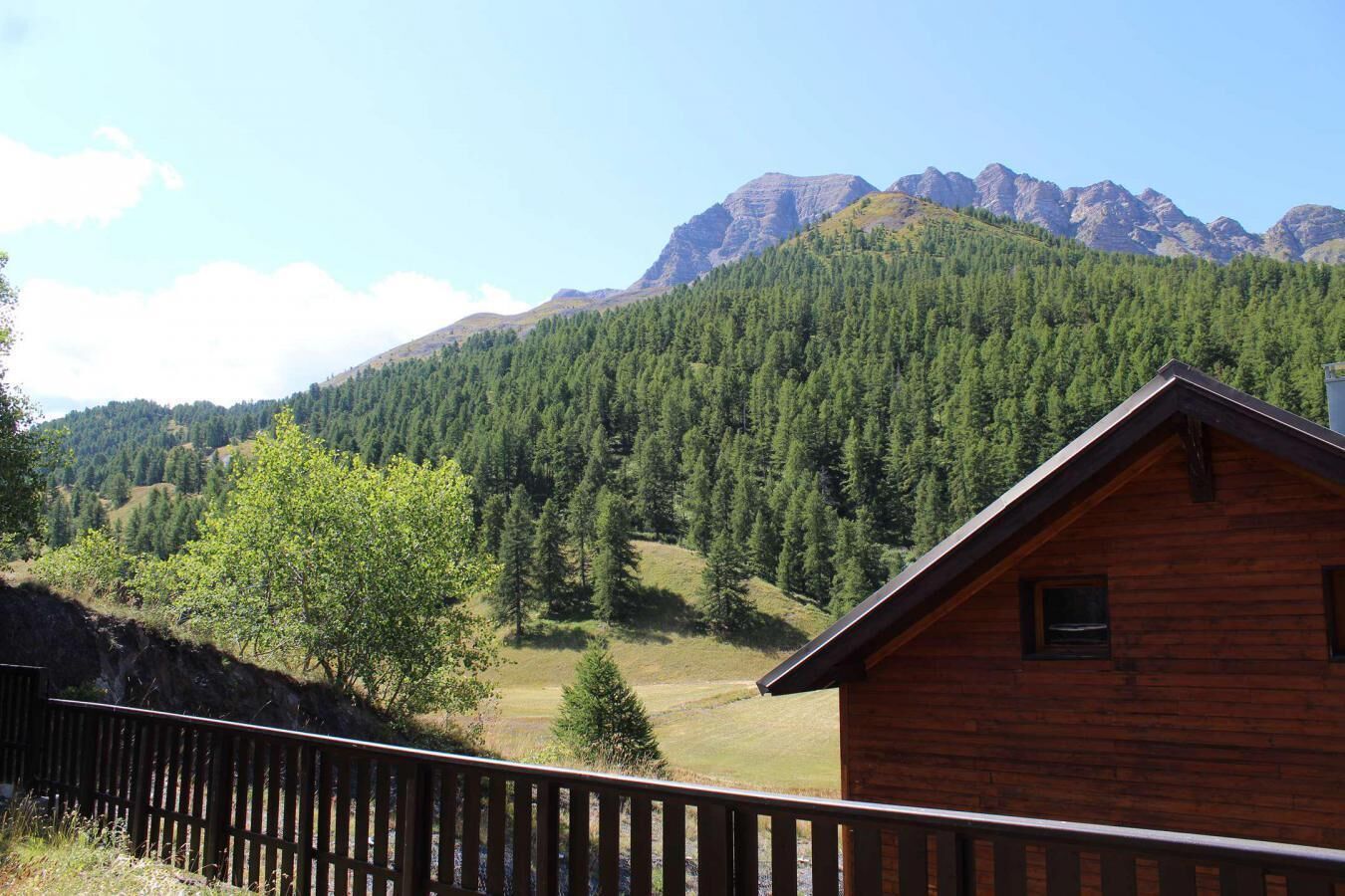 A wooden cabin with a view of a forested mountain range.
