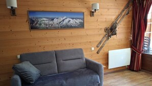 A cozy room with a grey sofa, a framed mountain landscape picture, wooden walls, and a ski rack.
