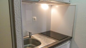Une petite cuisine équipée avec un évier en acier inoxydable, une plaque de cuisson intégrée et un lave-vaisselle compact.