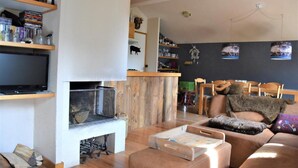 A cozy living room with a fireplace, a television, and a bookshelf filled with books and DVDs. - 100m from ski slopes, 3rd floor, balcony, fireplace or stove, tv, 75m², Pralognan-la-Vanoise (Pralognan-la-Vanoise)
