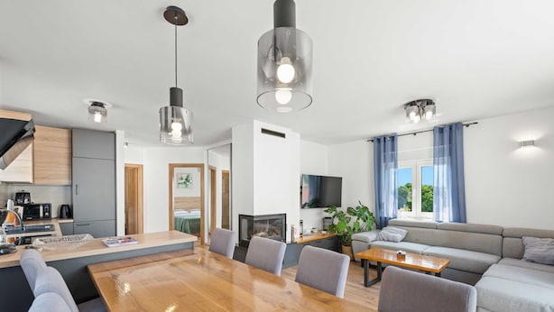 A modern living space with a dining area, kitchen, and seating area. - Villa Marko by Aneo Travel (Ledenice)