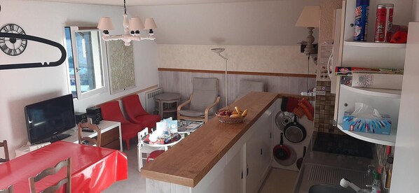 A compact living space with a kitchen area, dining table, and a TV.