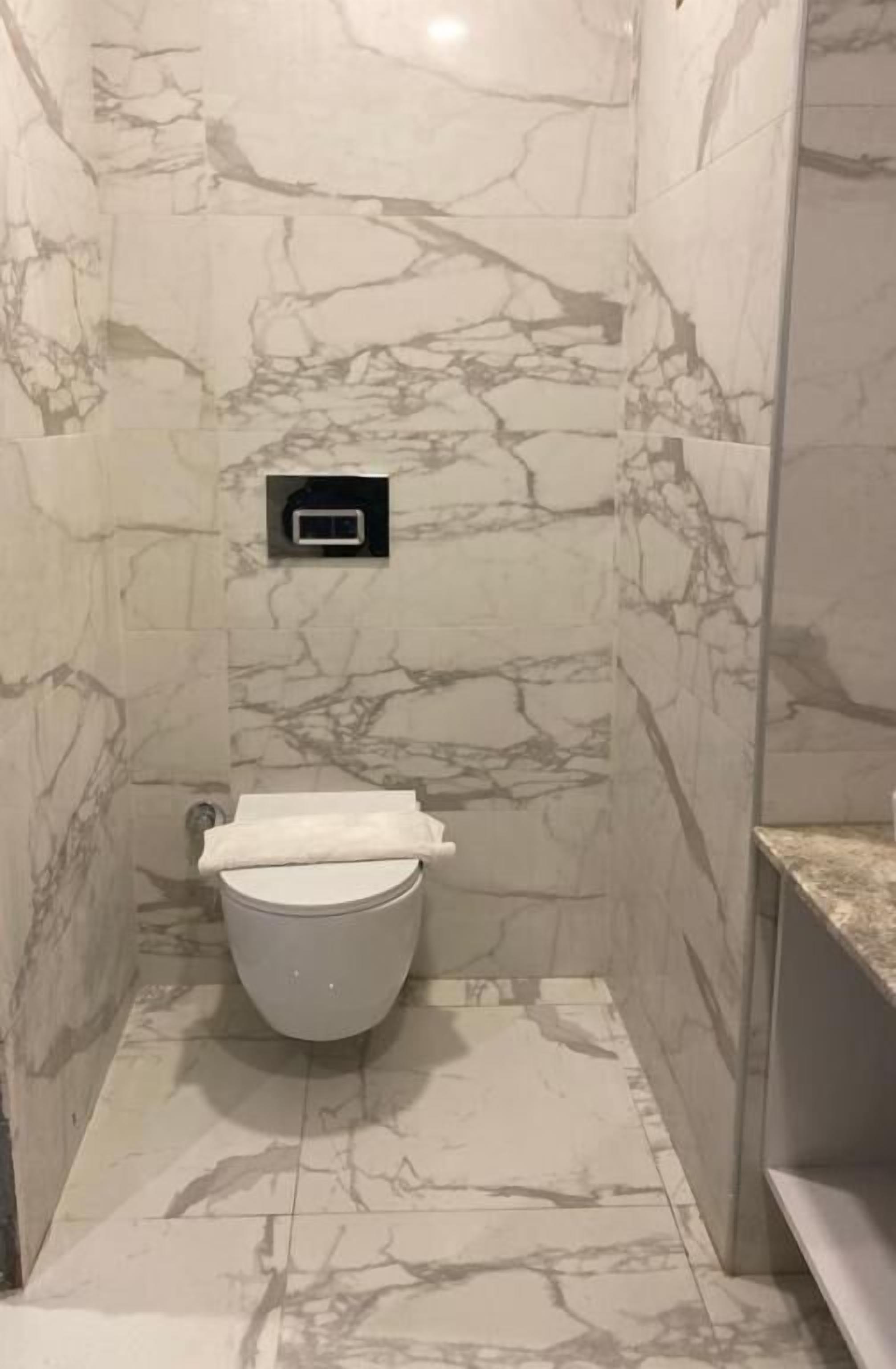 A small, marble-floored bathroom with a toilet and a towel rack.