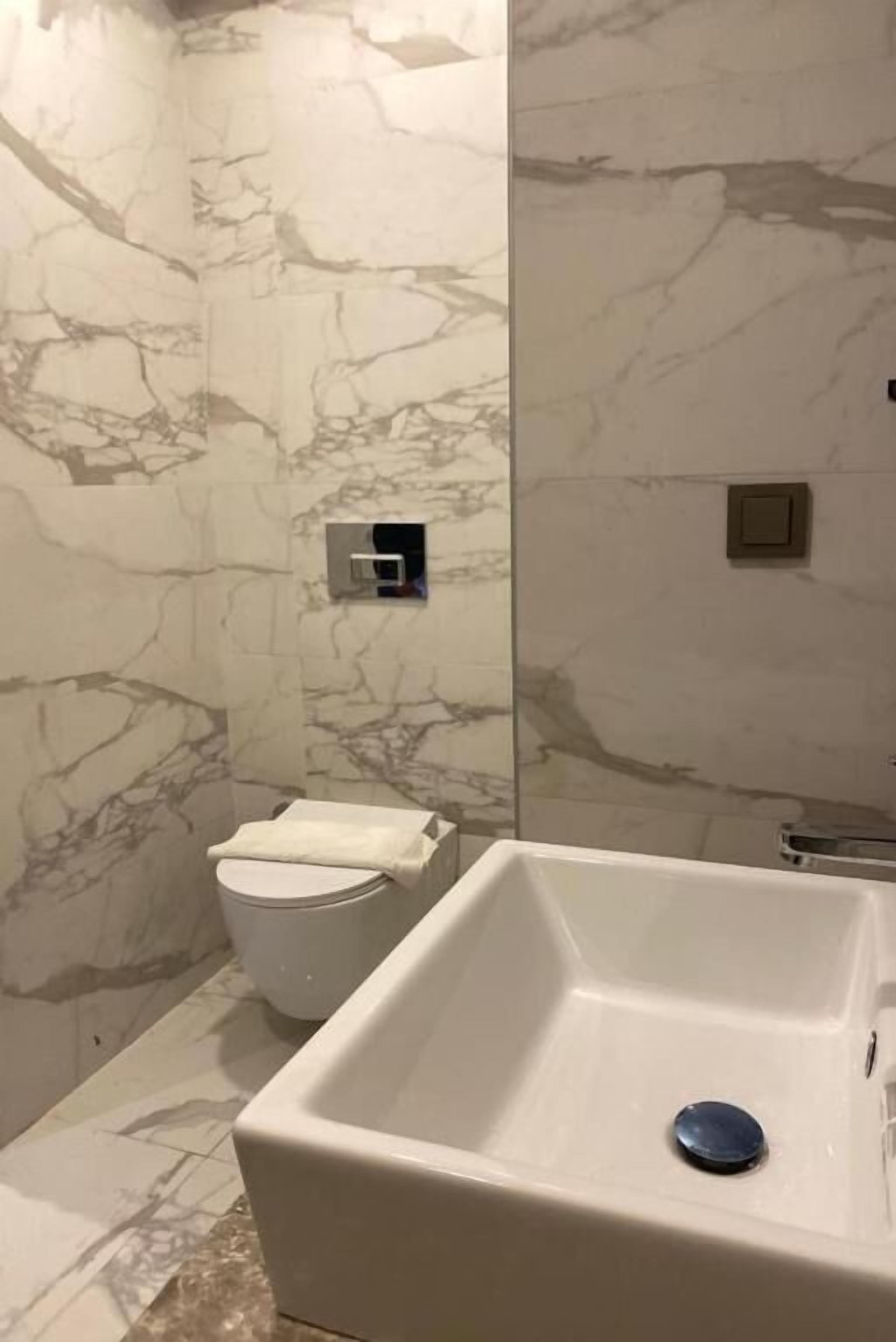 A bathroom with a marble wall, a white toilet, and a large rectangular sink.