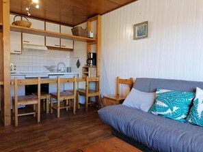 Ein kleines Zimmer mit Küchenzeile, Holzmöbeln und einem grauen Sofa mit gemusterten Kissen.