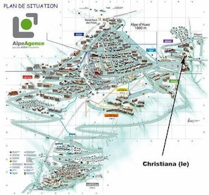 A detailed layout of a ski resort with marked locations like 'Alpe d'Huez 1860 m' and 'Christiana (le)'.