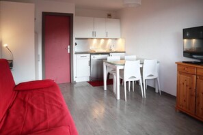 A compact living space with a kitchenette, dining area, and a television.