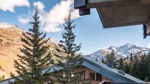 Un edificio moderno con fachada de madera y techo metálico, rodeado de altos árboles perennes y montañas nevadas al fondo.