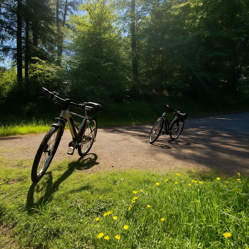 Two bicycles parked on a gravel path in a forested area with grass and dandelions in the foreground.