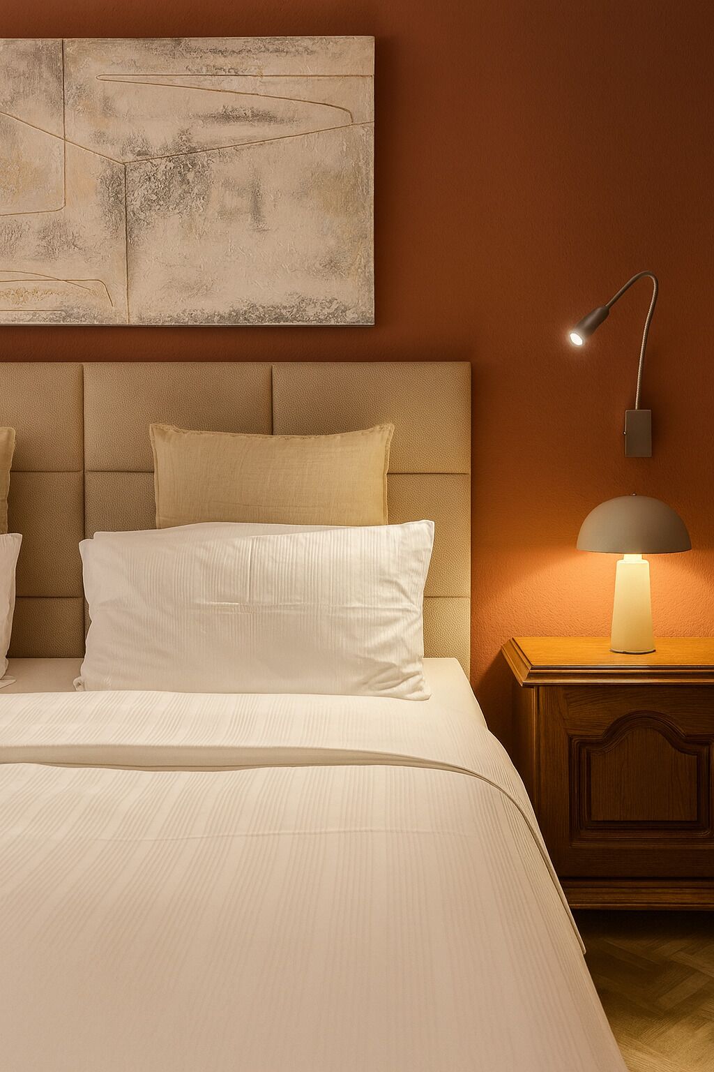 Een net opgemaakt bed met witte lakens, een hoofdbord en een nachtkastje met een lamp.