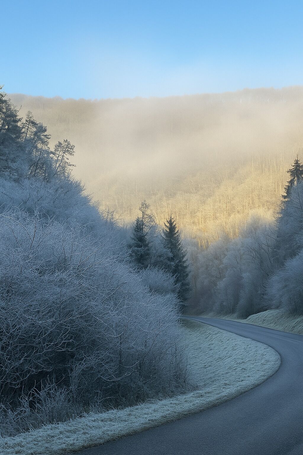 A road curving through a frost-covered landscape with trees and a clear sky.