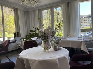 Dinner served, garden views