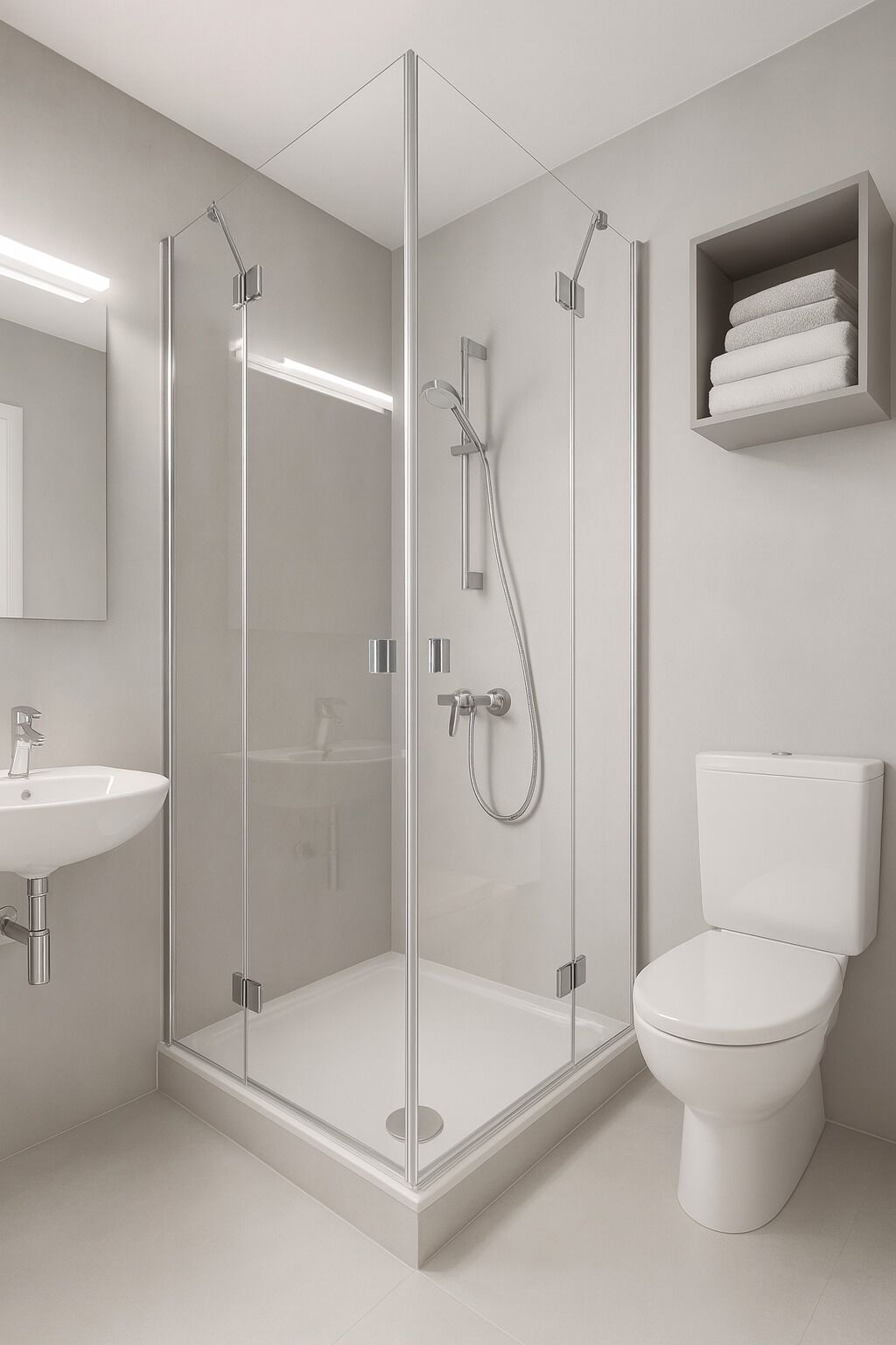 A modern bathroom with a glass-enclosed shower, a white sink, and a toilet.