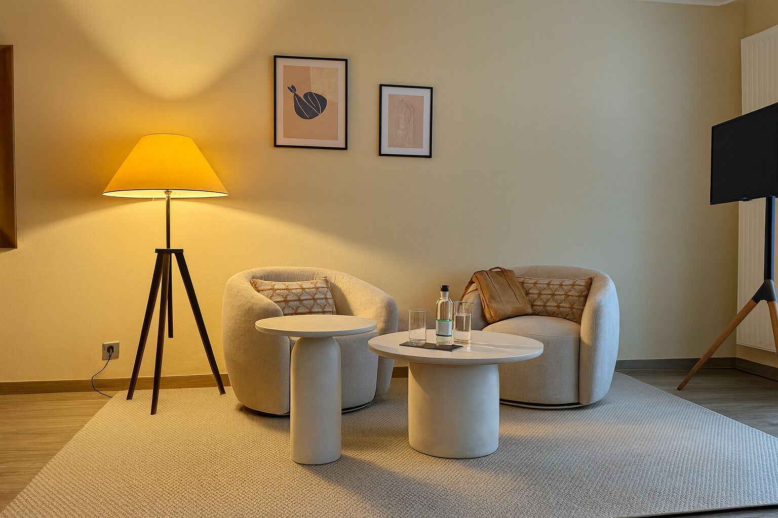 A modern living room with two armchairs, a small coffee table, a floor lamp, and two framed artworks on the wall.