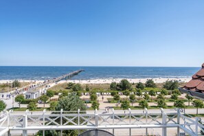 A beach view with a pier, a promenade, and a park area with benches and trees.