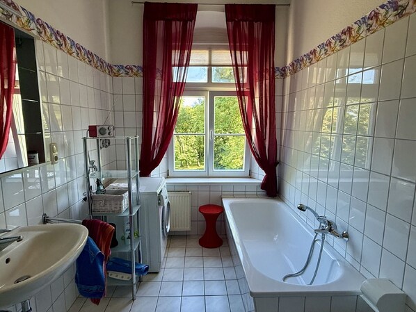 Shower, hair dryer, soap, toilet paper
