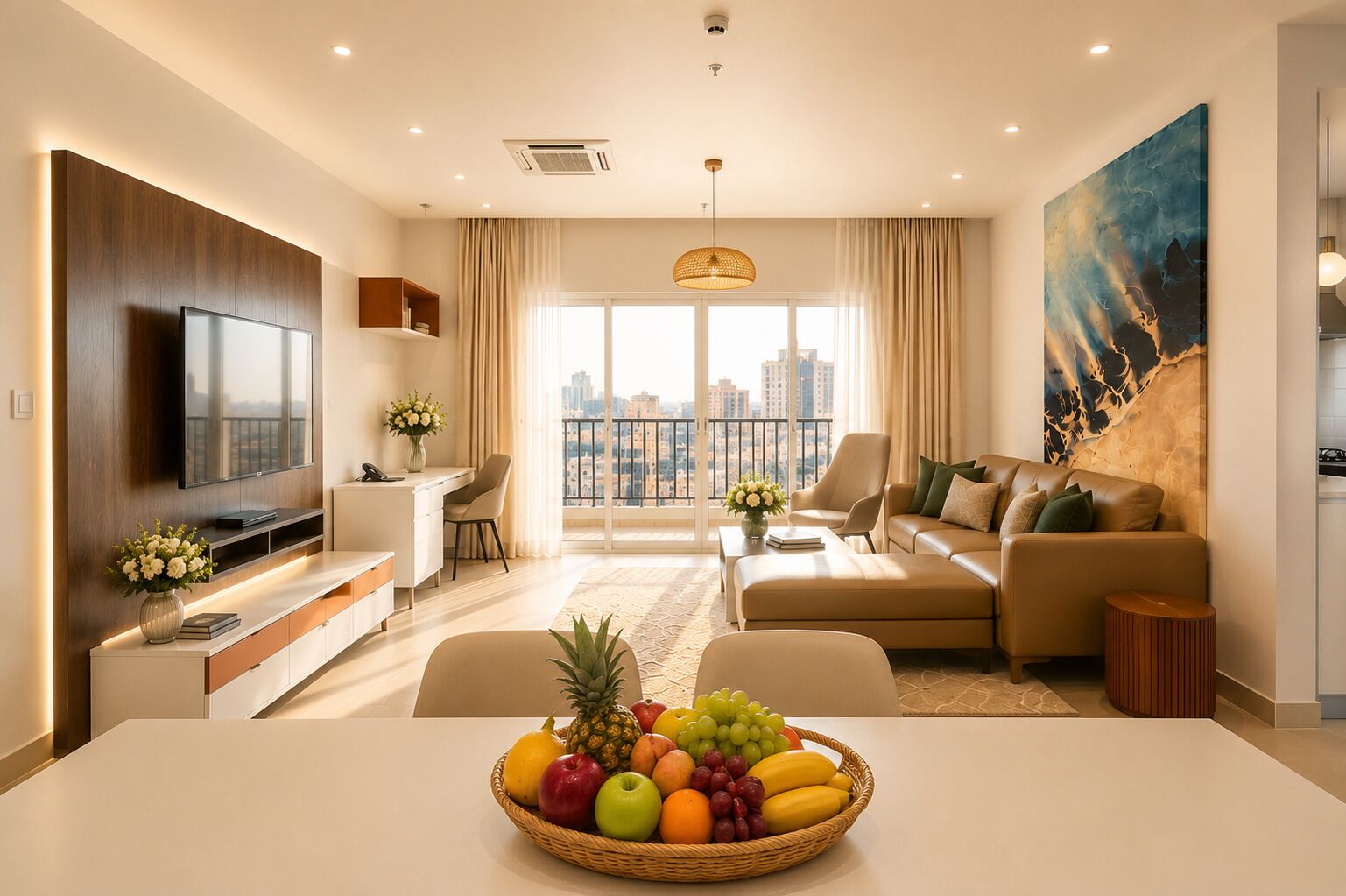 A modern living room with a TV, sofa, dining table, and a city view.